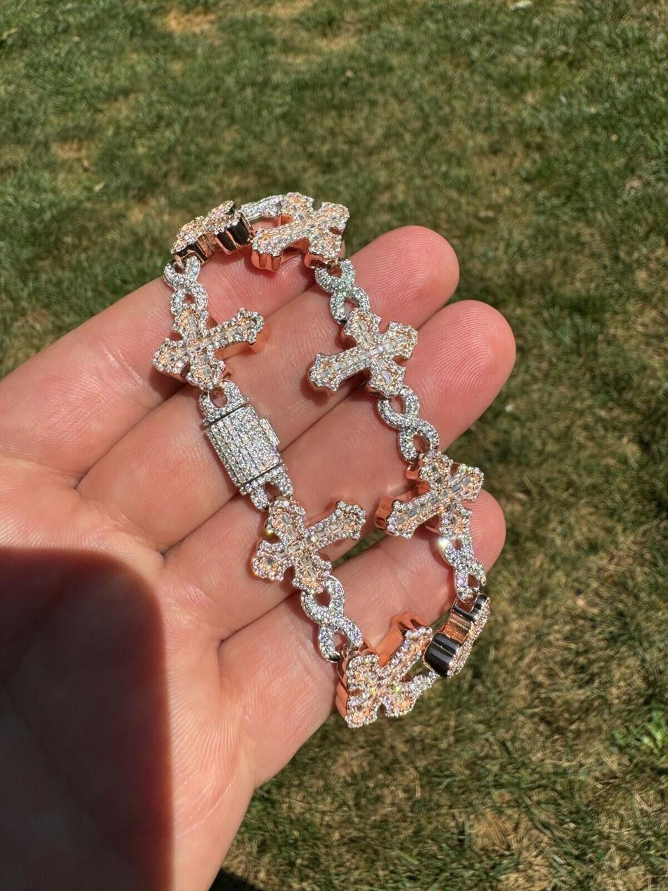 MOISSANITE Eternity Gothic Cross Link Bracelet Iced Out - 14k Rose Gold Vermeil & 925 Silver - 20mm - 6.25"-8.25"