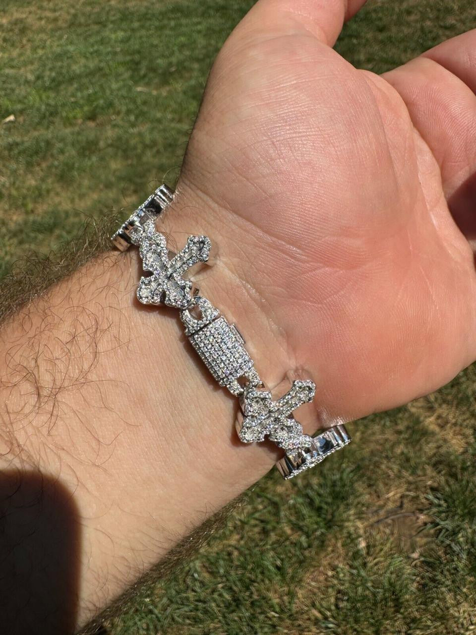 MOISSANITE Eternity Gothic Cross Link Bracelet Iced Out - 925 Silver - 20mm - 6.25"-8.25"