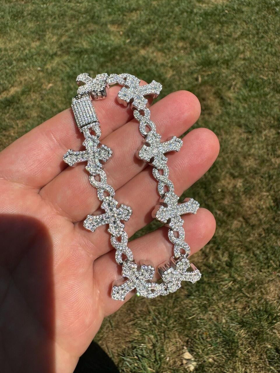 MOISSANITE Eternity Gothic Cross Link Bracelet Iced Out - 925 Silver - 20mm - 6.25"-8.25"