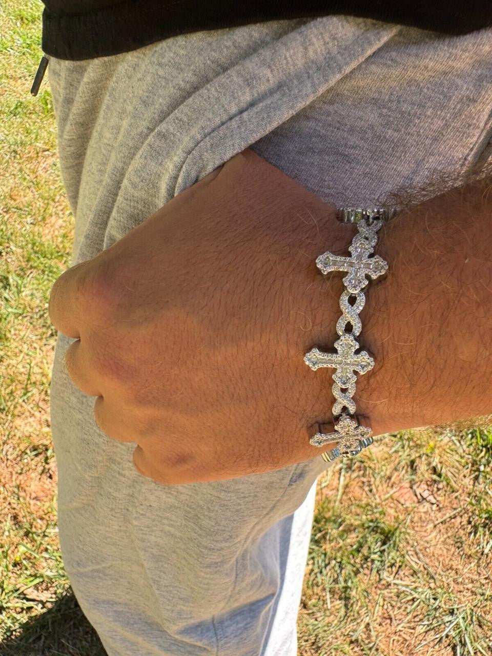 MOISSANITE Eternity Gothic Cross Link Bracelet Iced Out - 925 Silver - 20mm - 6.25"-8.25"