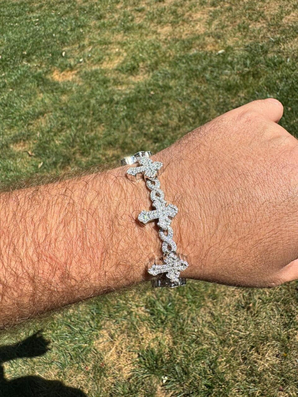 MOISSANITE Eternity Gothic Cross Link Bracelet Iced Out - 925 Silver - 20mm - 6.25"-8.25"