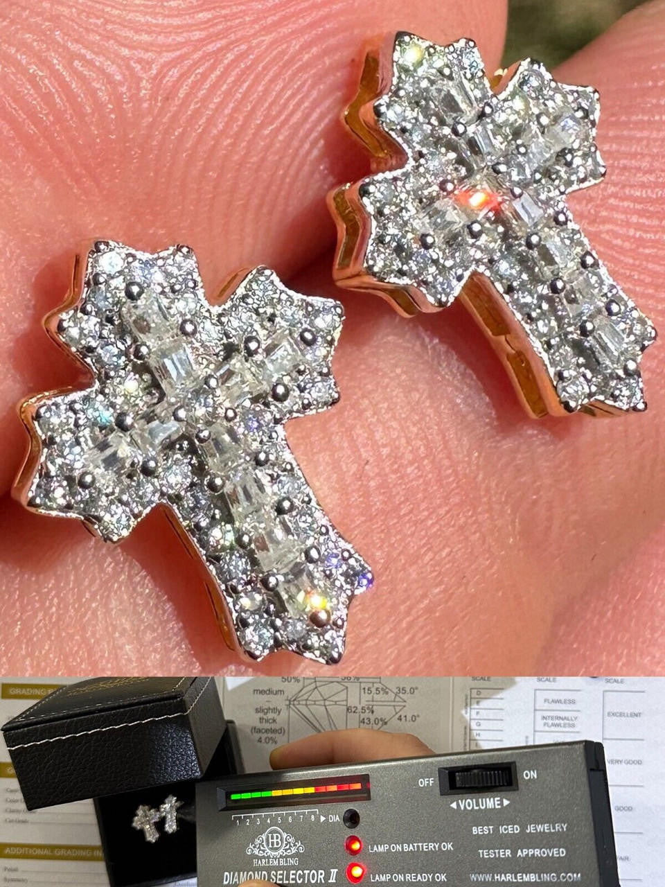 MOISSANITE Baguette Gothic Cross Iced Out Earrings - 14k Gold Vermeil 925 Silver - 11x15mm
