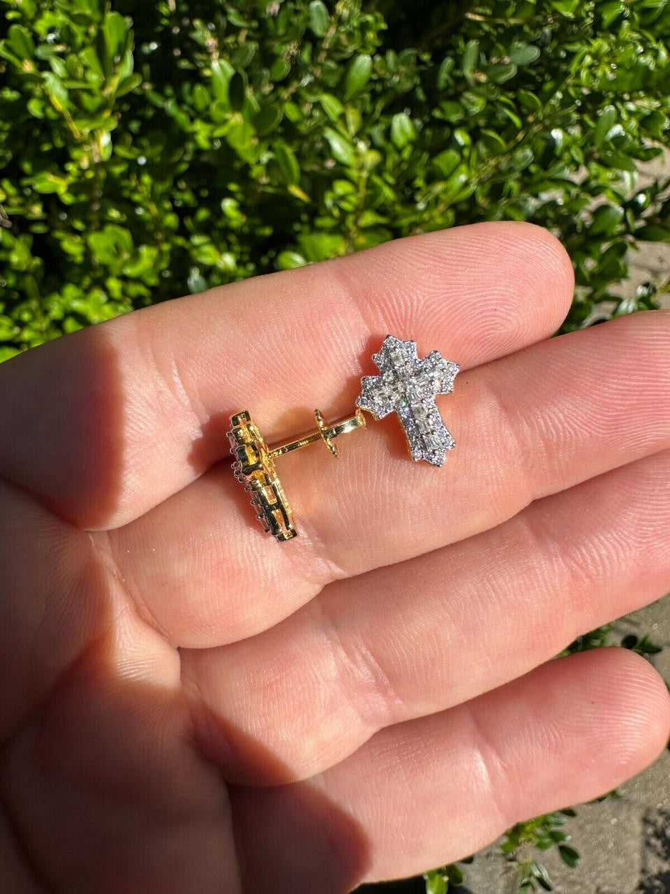 MOISSANITE Baguette Gothic Cross Iced Out Earrings - 14k Gold Vermeil 925 Silver - 11x15mm