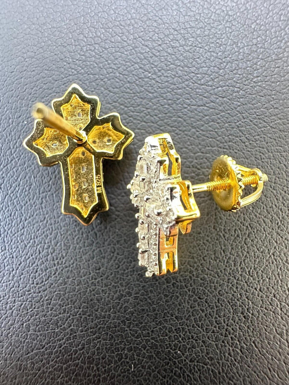 MOISSANITE Baguette Gothic Cross Iced Out Earrings - 14k Gold Vermeil 925 Silver - 11x15mm