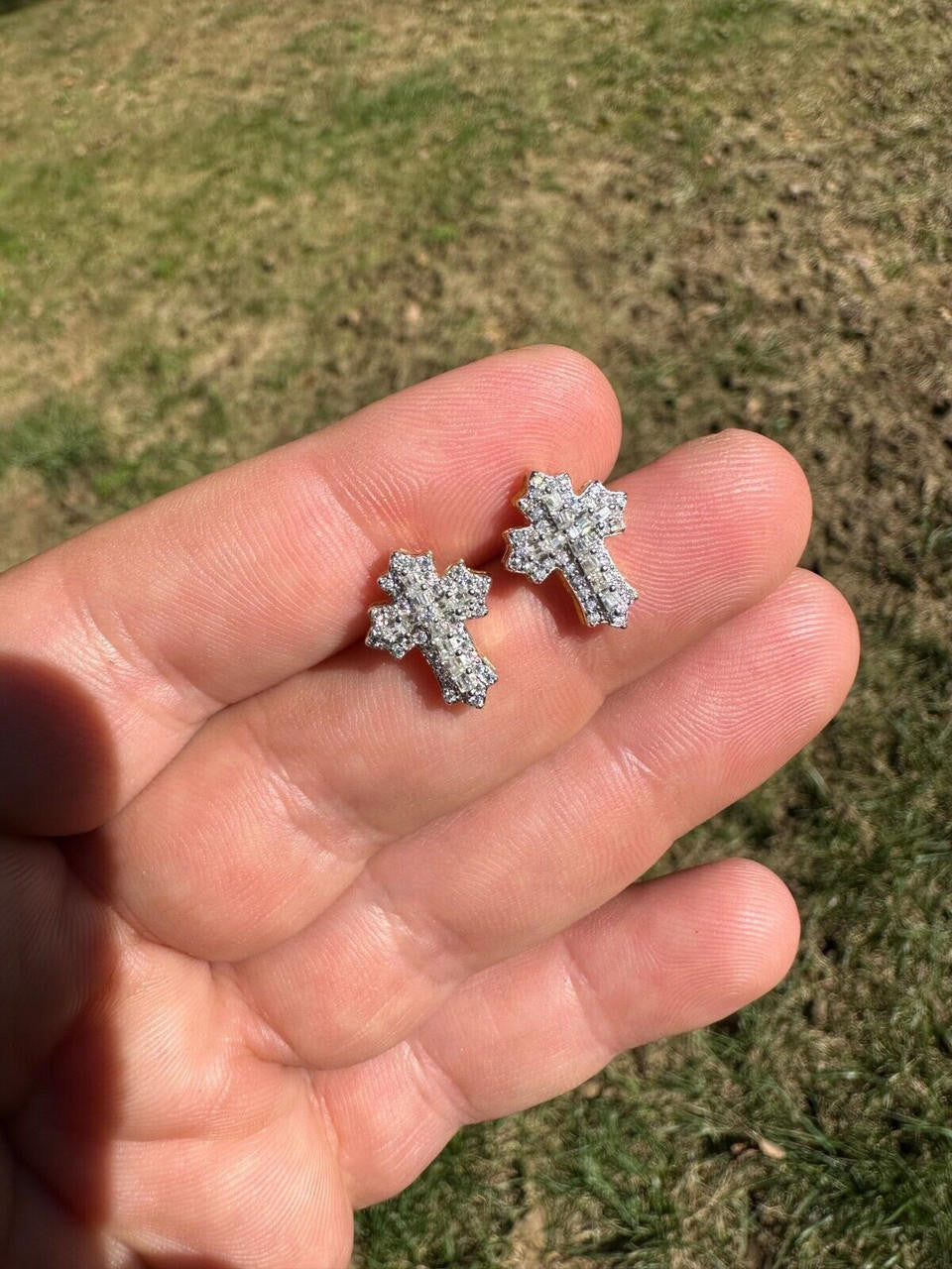MOISSANITE Baguette Gothic Cross Iced Out Earrings - 14k Gold Vermeil 925 Silver - 11x15mm