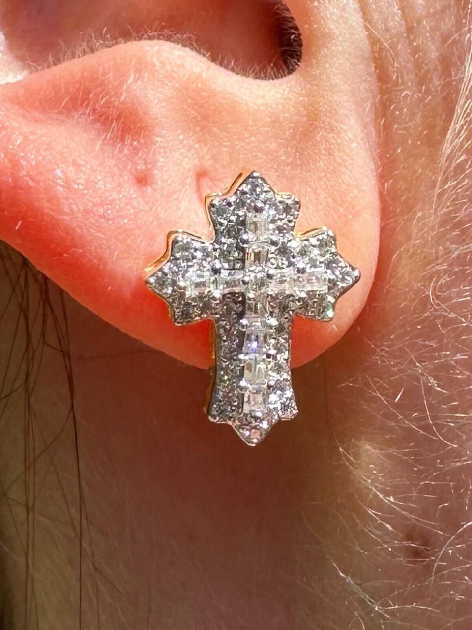 MOISSANITE Baguette Gothic Cross Iced Out Earrings - 14k Gold Vermeil 925 Silver - 11x15mm