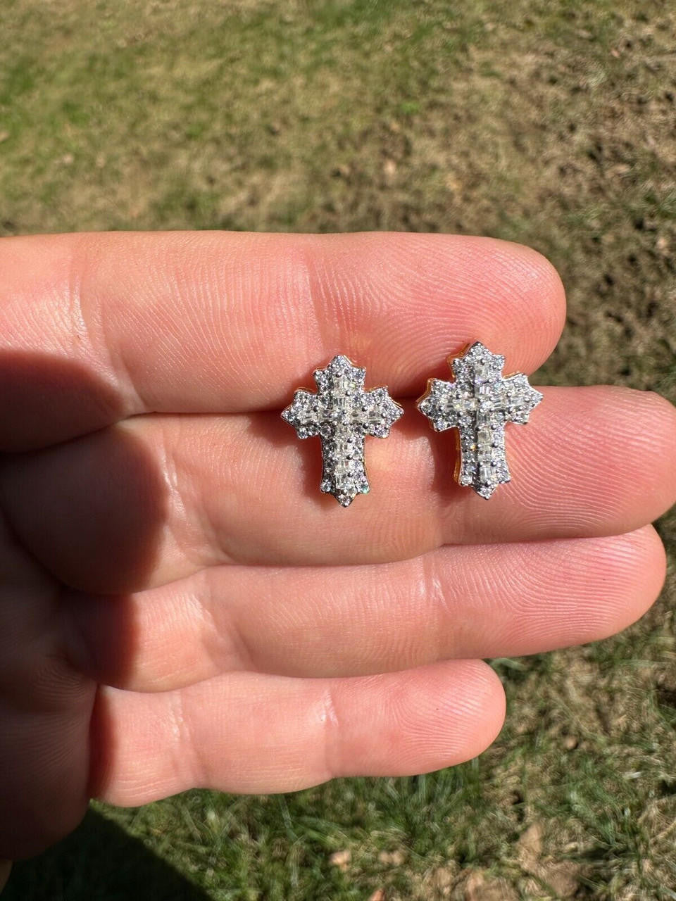 MOISSANITE Baguette Gothic Cross Iced Out Earrings - 14k Gold Vermeil 925 Silver - 11x15mm