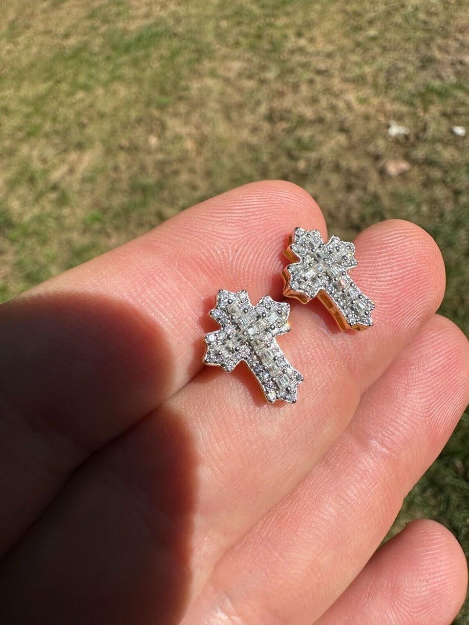MOISSANITE Baguette Gothic Cross Iced Out Earrings - 14k Gold Vermeil 925 Silver - 11x15mm
