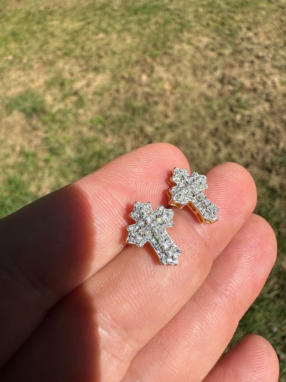 MOISSANITE Baguette Gothic Cross Iced Out Earrings - 14k Gold Vermeil 925 Silver - 11x15mm