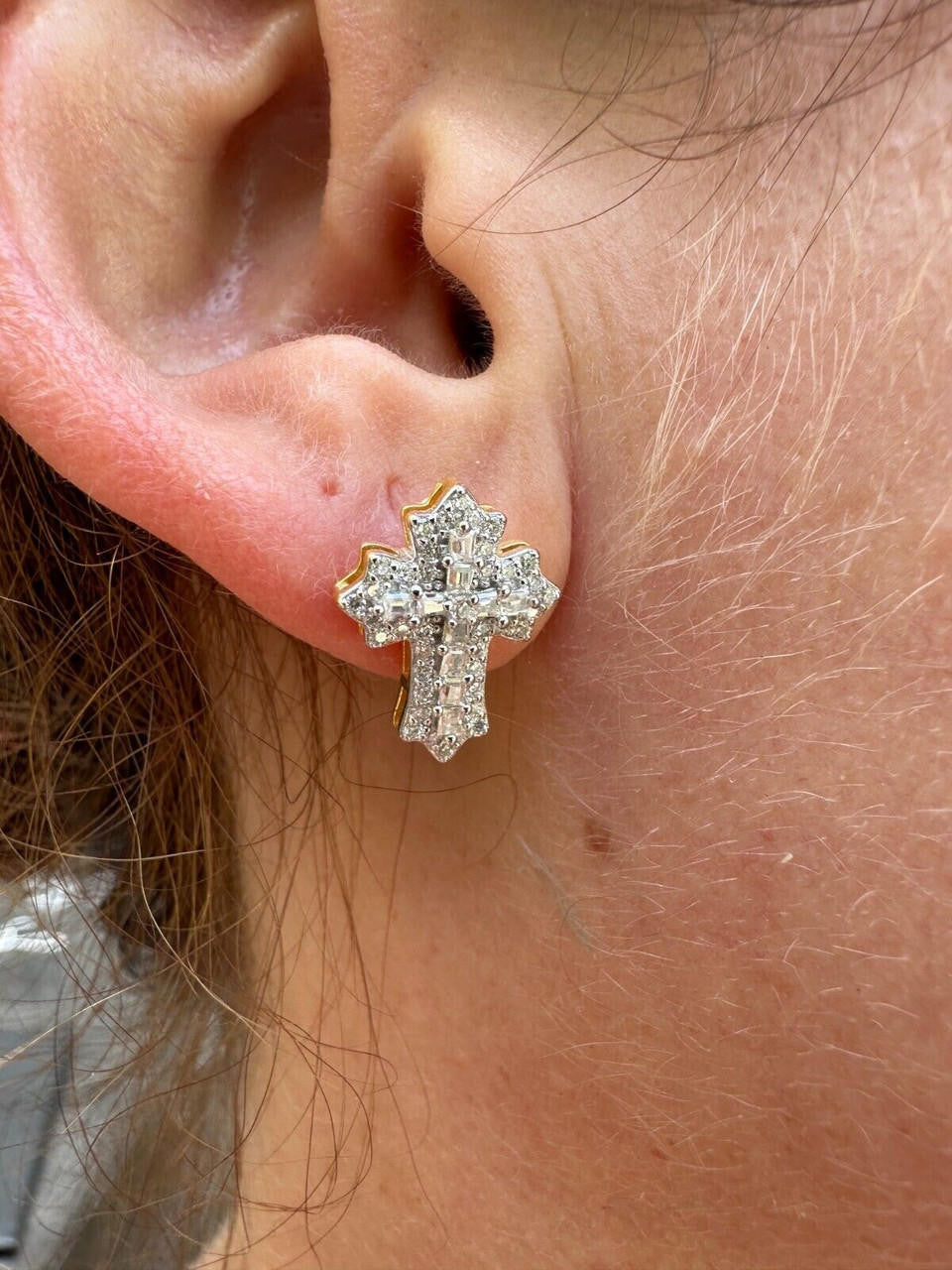 MOISSANITE Baguette Gothic Cross Iced Out Earrings - 14k Gold Vermeil 925 Silver - 11x15mm