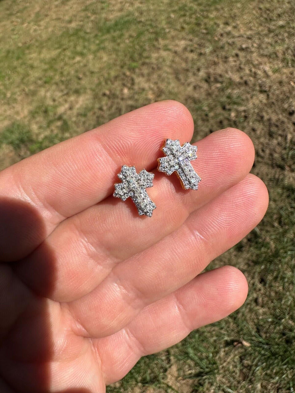 MOISSANITE Baguette Gothic Cross Iced Out Earrings - 14k Gold Vermeil 925 Silver - 11x15mm