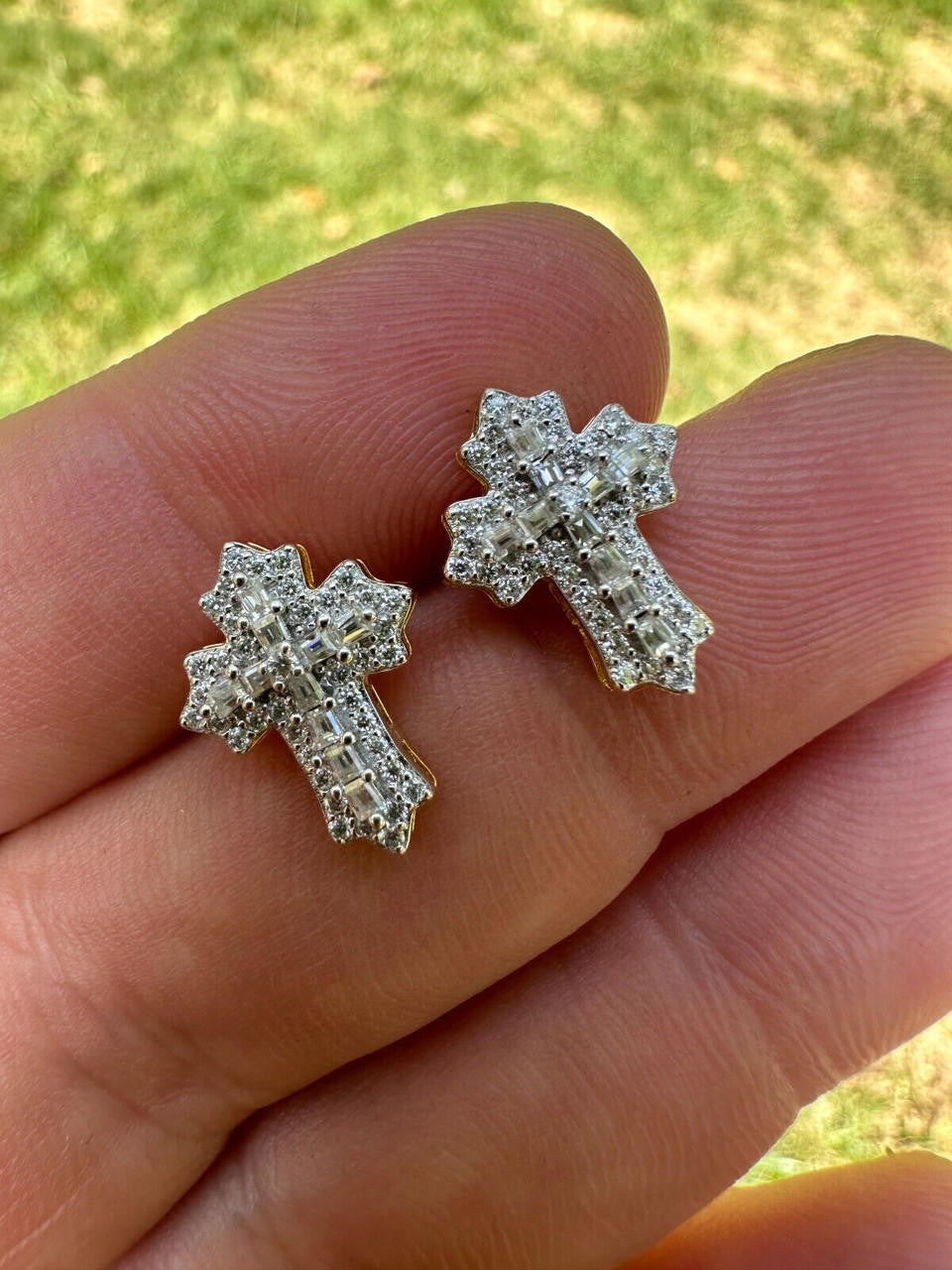 MOISSANITE Baguette Gothic Cross Iced Out Earrings - 14k Gold Vermeil 925 Silver - 11x15mm