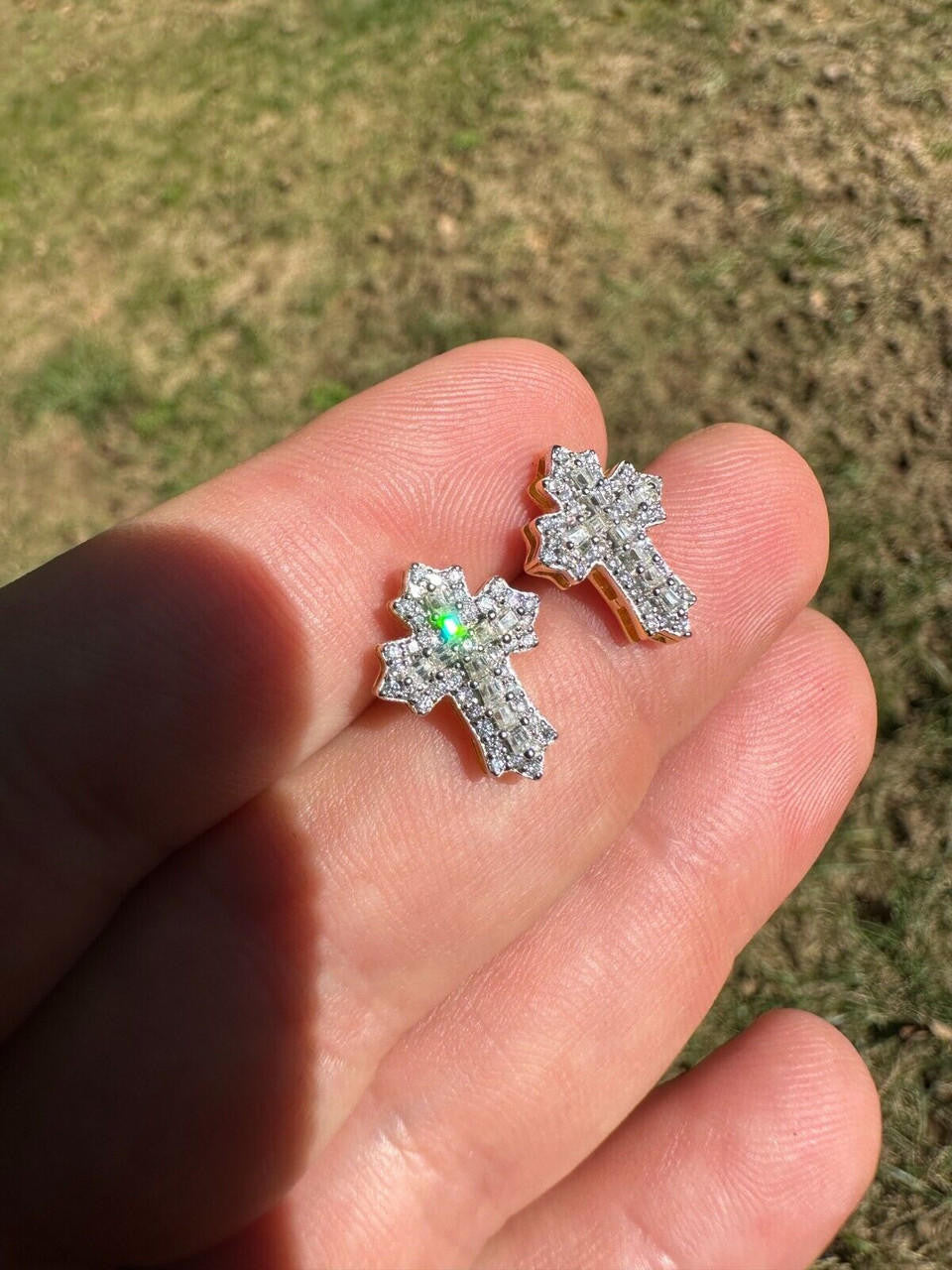 MOISSANITE Baguette Gothic Cross Iced Out Earrings - 14k Gold Vermeil 925 Silver - 11x15mm