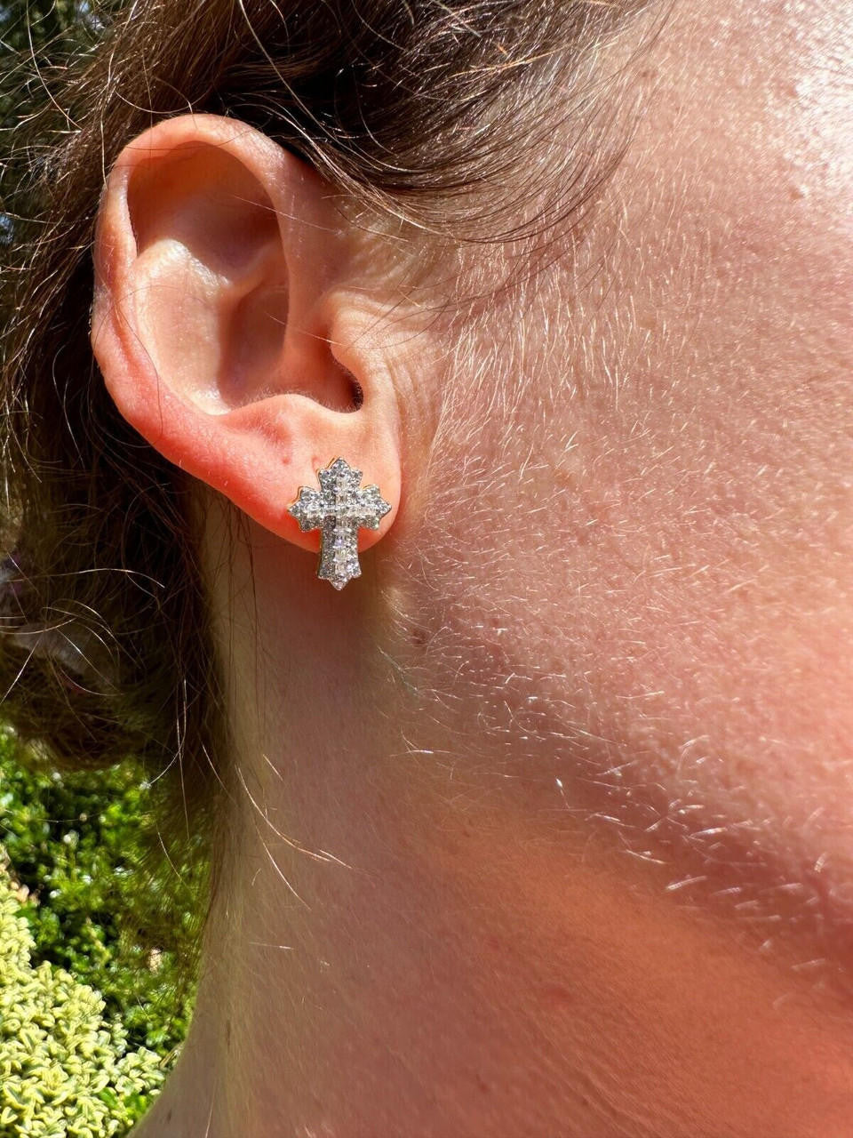 MOISSANITE Baguette Gothic Cross Iced Out Earrings - 14k Gold Vermeil 925 Silver - 11x15mm