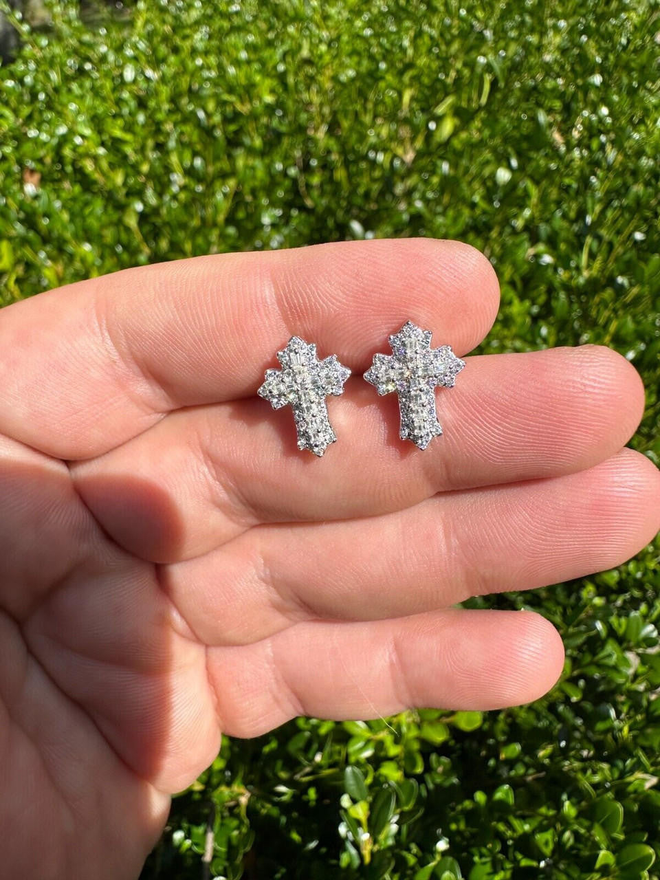 MOISSANITE Baguette Gothic Cross Iced Out Earrings - 14k Gold Vermeil 925 Silver - 11x15mm