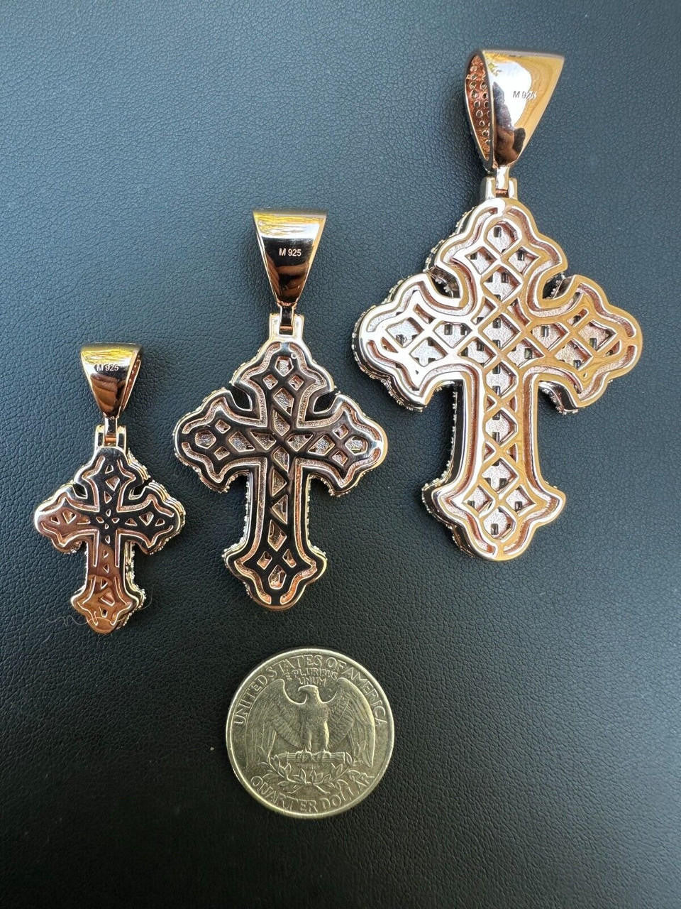 MOISSANITE Baguette Gothic Tupac Cross Pendant - 14k Rose Gold Vermeil 925 Silver - 3 Sizes 1.5"-2.75"