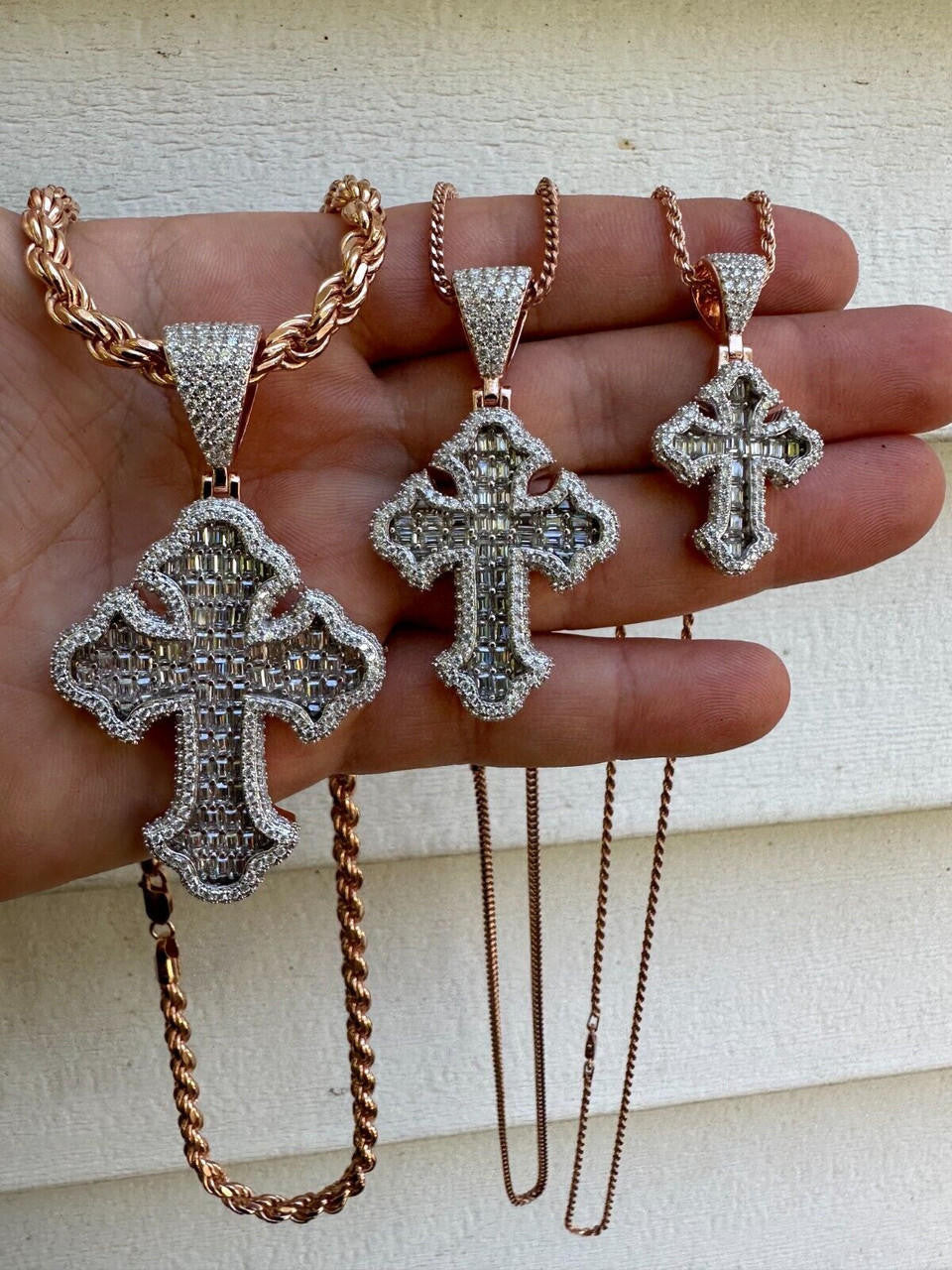 MOISSANITE Baguette Gothic Tupac Cross Pendant - 14k Rose Gold Vermeil 925 Silver - 3 Sizes 1.5"-2.75"