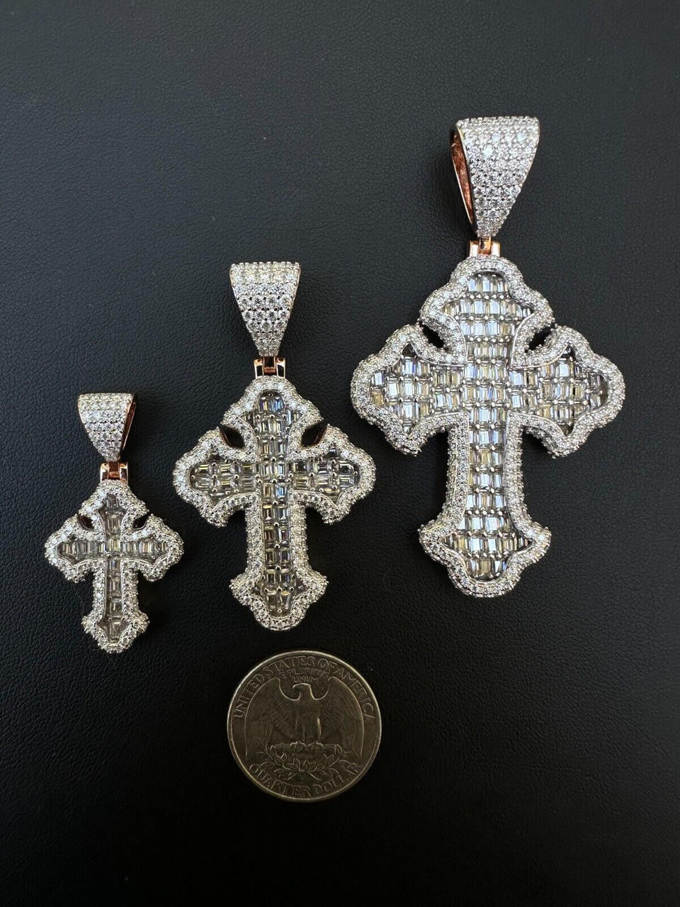 MOISSANITE Baguette Gothic Tupac Cross Pendant - 14k Rose Gold Vermeil 925 Silver - 3 Sizes 1.5"-2.75"
