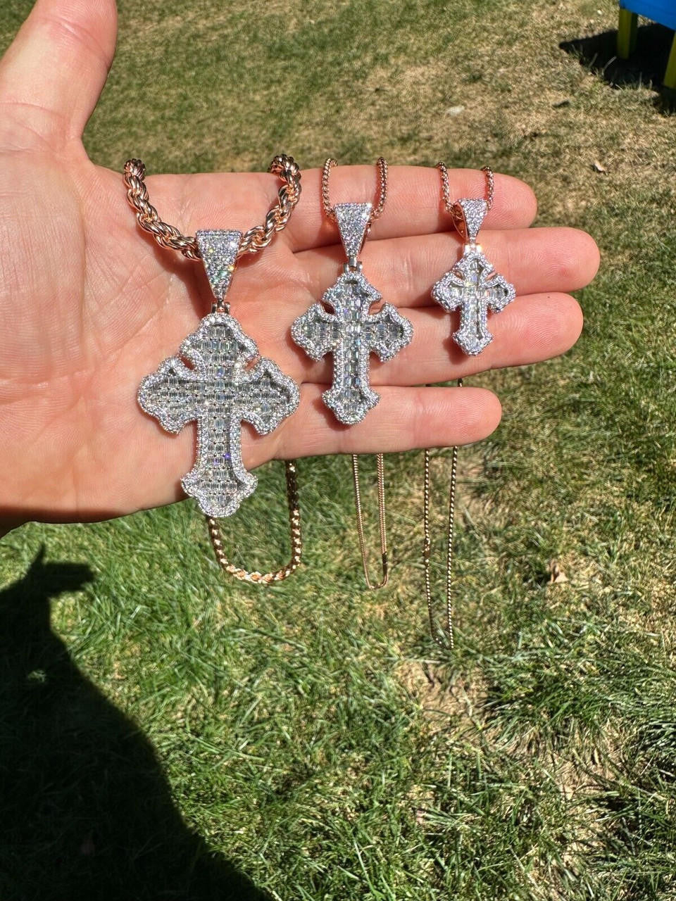 MOISSANITE Baguette Gothic Tupac Cross Pendant - 14k Rose Gold Vermeil 925 Silver - 3 Sizes 1.5"-2.75"