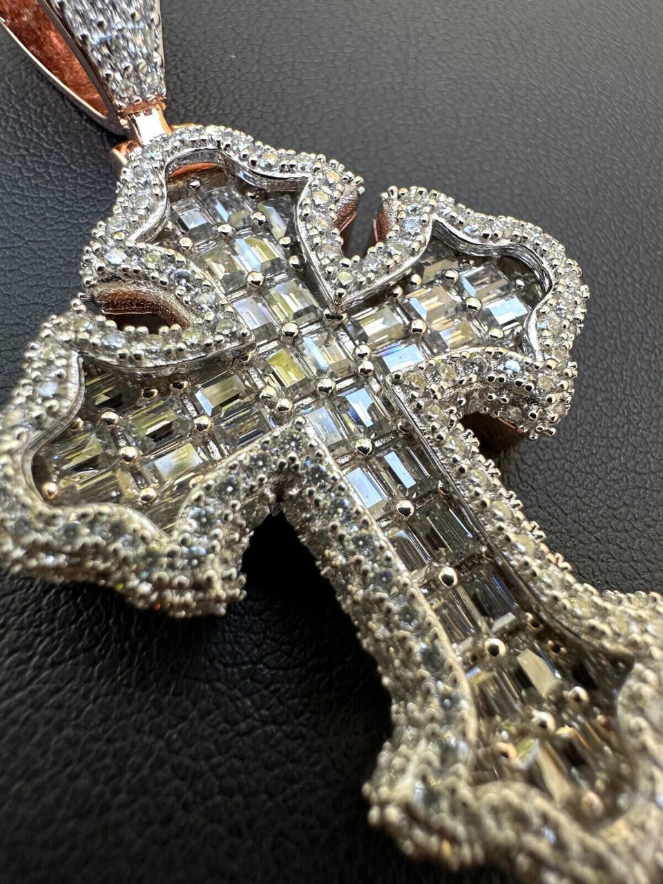 MOISSANITE Baguette Gothic Tupac Cross Pendant - 14k Rose Gold Vermeil 925 Silver - 3 Sizes 1.5"-2.75"