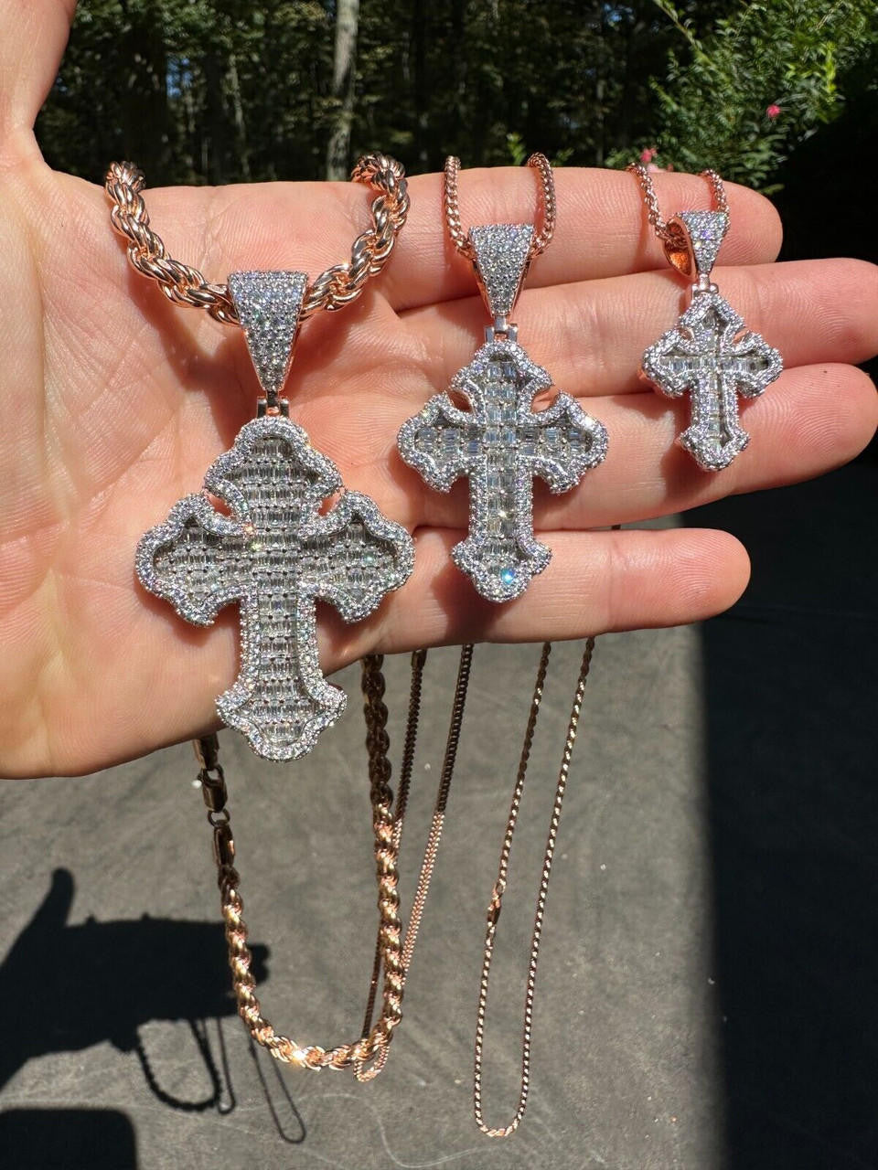 MOISSANITE Baguette Gothic Tupac Cross Pendant - 14k Rose Gold Vermeil 925 Silver - 3 Sizes 1.5"-2.75"