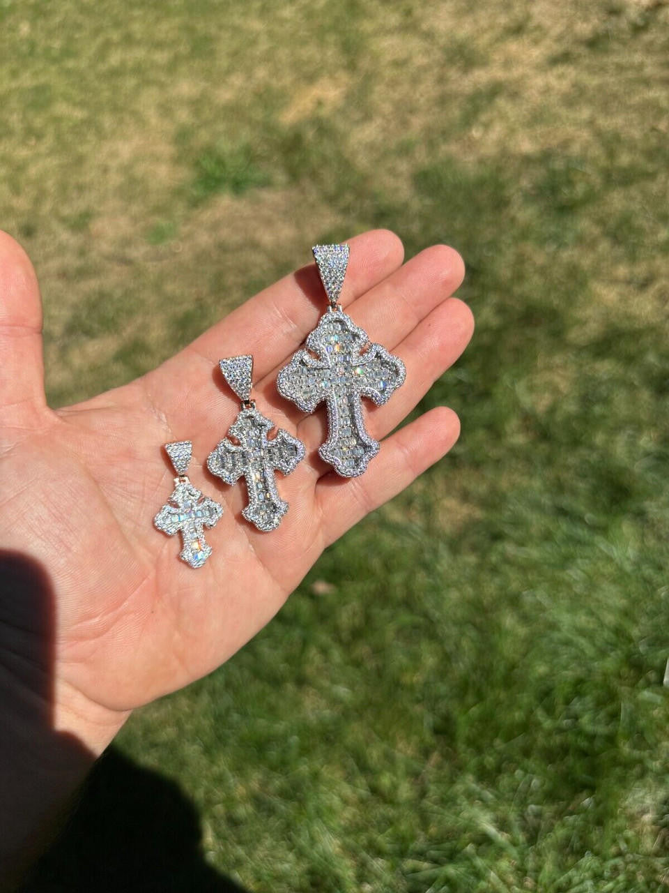 MOISSANITE Baguette Gothic Tupac Cross Pendant - 14k Rose Gold Vermeil 925 Silver - 3 Sizes 1.5"-2.75"