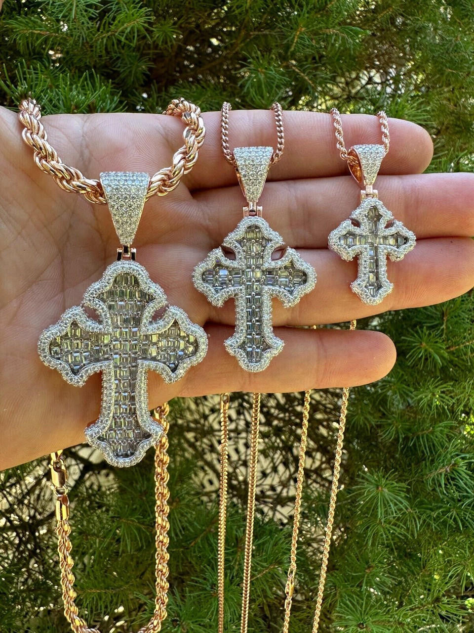 MOISSANITE Baguette Gothic Tupac Cross Pendant - 14k Rose Gold Vermeil 925 Silver - 3 Sizes 1.5"-2.75"