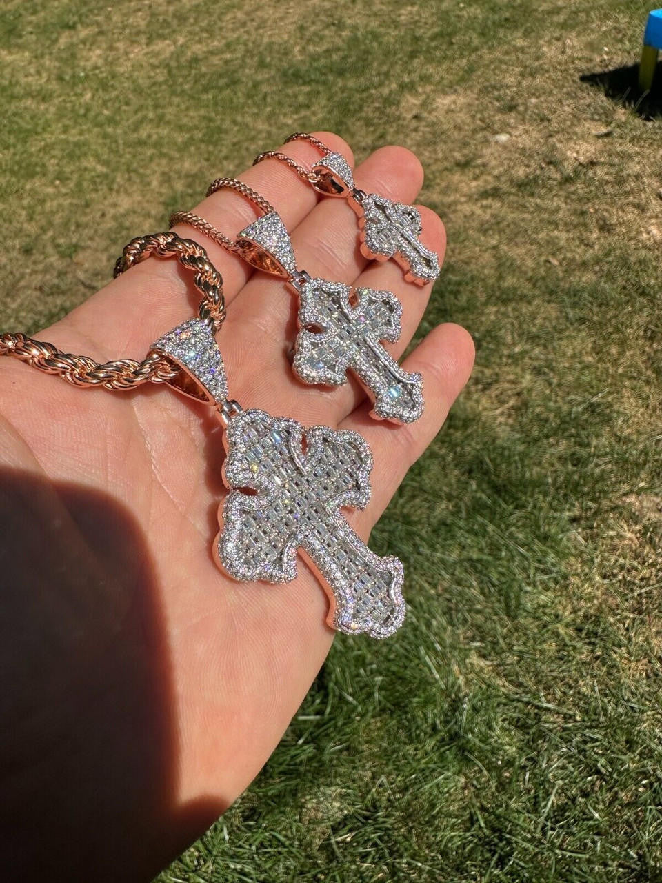 MOISSANITE Baguette Gothic Tupac Cross Pendant - 14k Rose Gold Vermeil 925 Silver - 3 Sizes 1.5"-2.75"