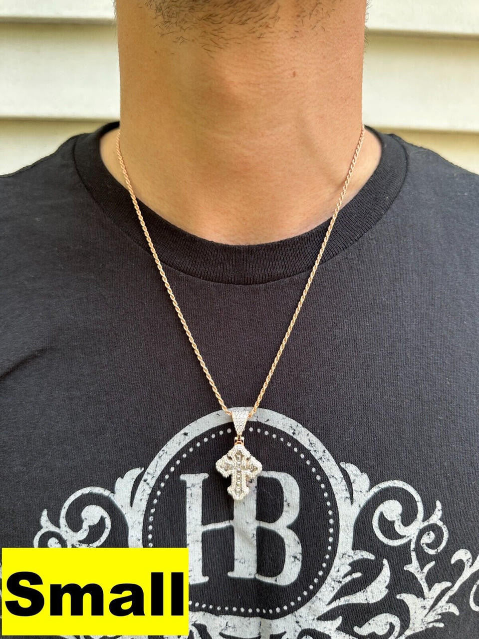 MOISSANITE Baguette Gothic Tupac Cross Pendant - 14k Rose Gold Vermeil 925 Silver - 3 Sizes 1.5"-2.75"