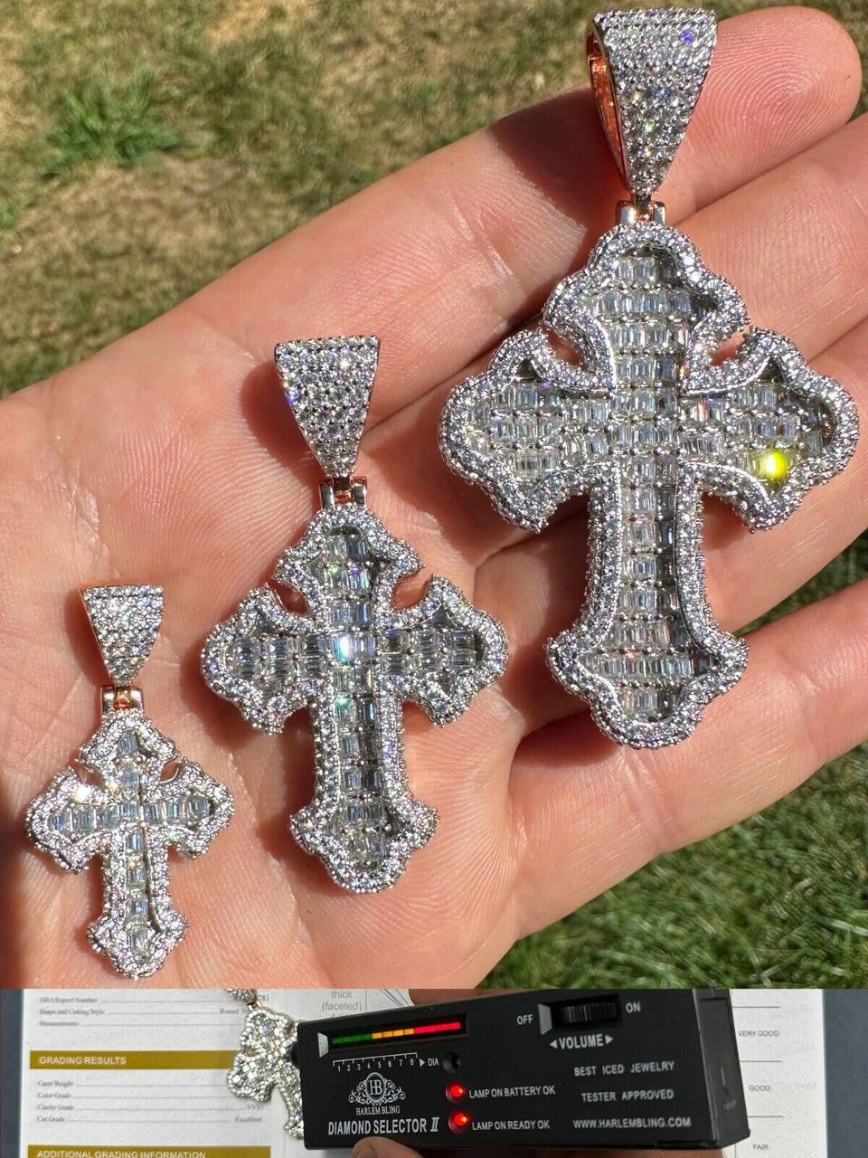MOISSANITE Baguette Gothic Tupac Cross Pendant - 14k Rose Gold Vermeil 925 Silver - 3 Sizes 1.5"-2.75"