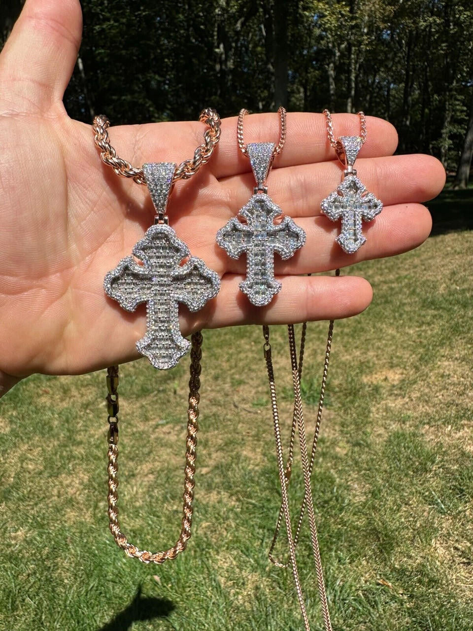MOISSANITE Baguette Gothic Tupac Cross Pendant - 14k Rose Gold Vermeil 925 Silver - 3 Sizes 1.5"-2.75"