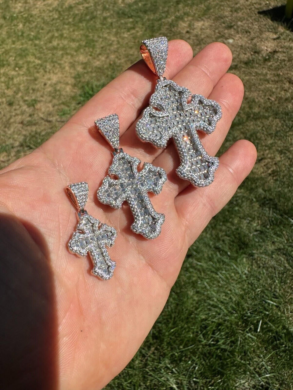 MOISSANITE Baguette Gothic Tupac Cross Pendant - 14k Rose Gold Vermeil 925 Silver - 3 Sizes 1.5"-2.75"
