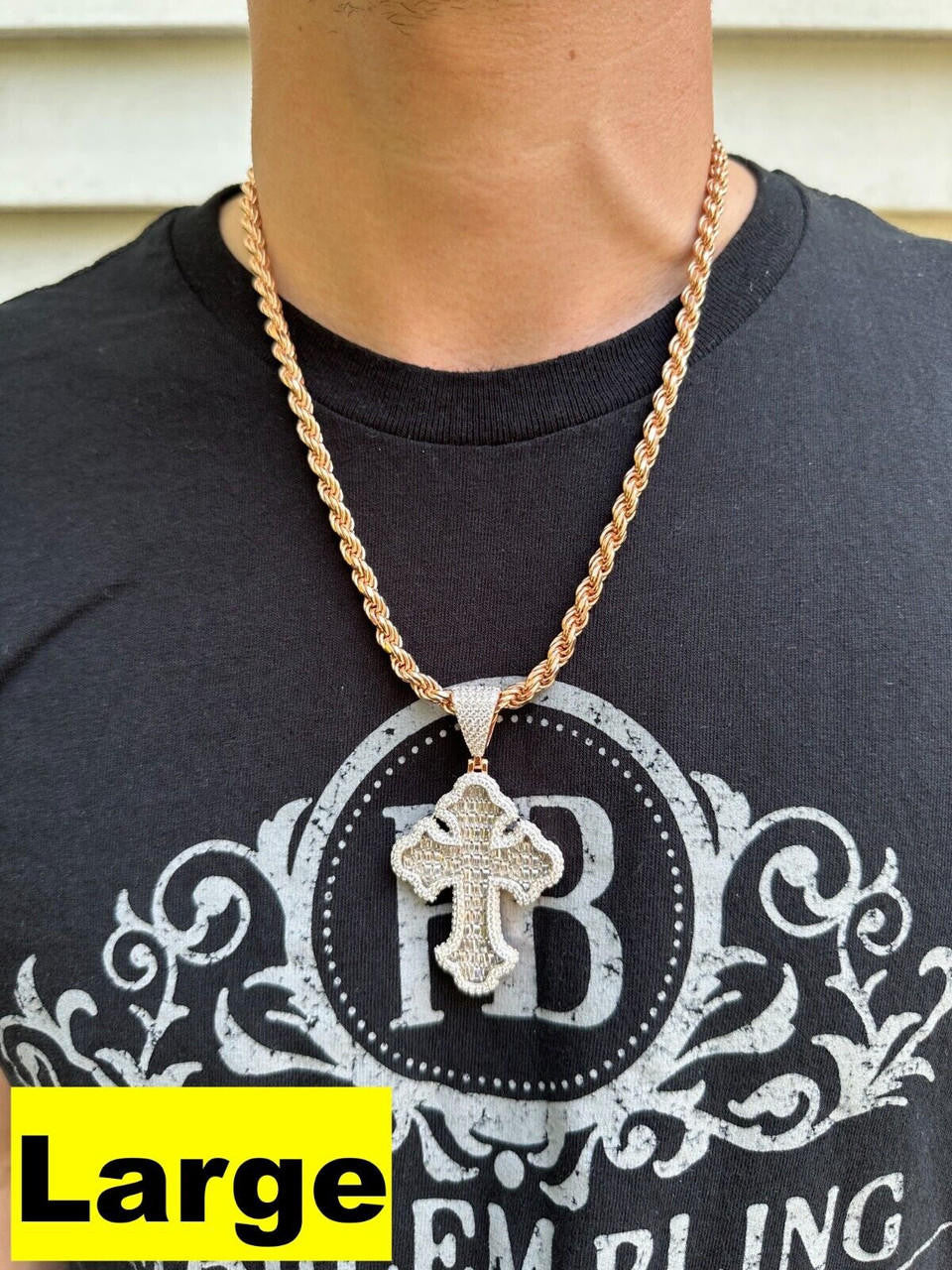 MOISSANITE Baguette Gothic Tupac Cross Pendant - 14k Rose Gold Vermeil 925 Silver - 3 Sizes 1.5"-2.75"