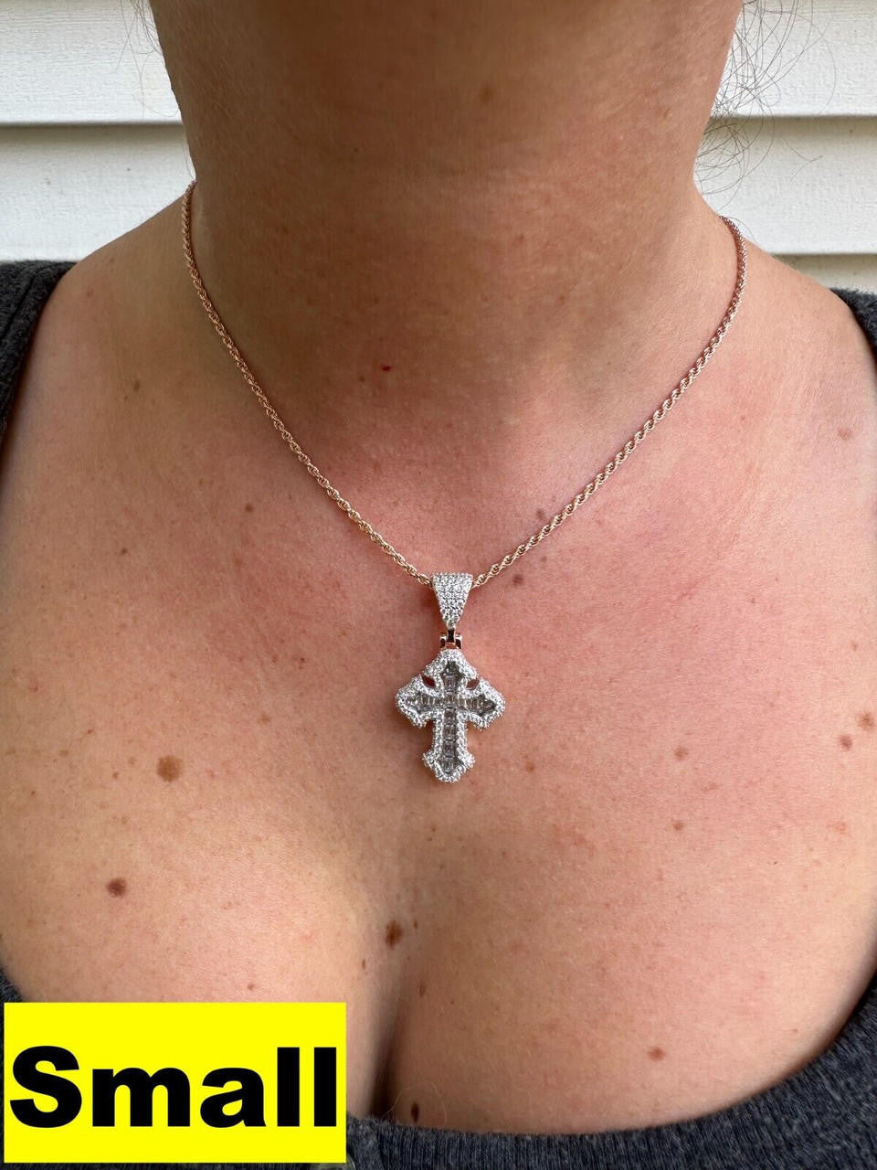 MOISSANITE Baguette Gothic Tupac Cross Pendant - 14k Rose Gold Vermeil 925 Silver - 3 Sizes 1.5"-2.75"