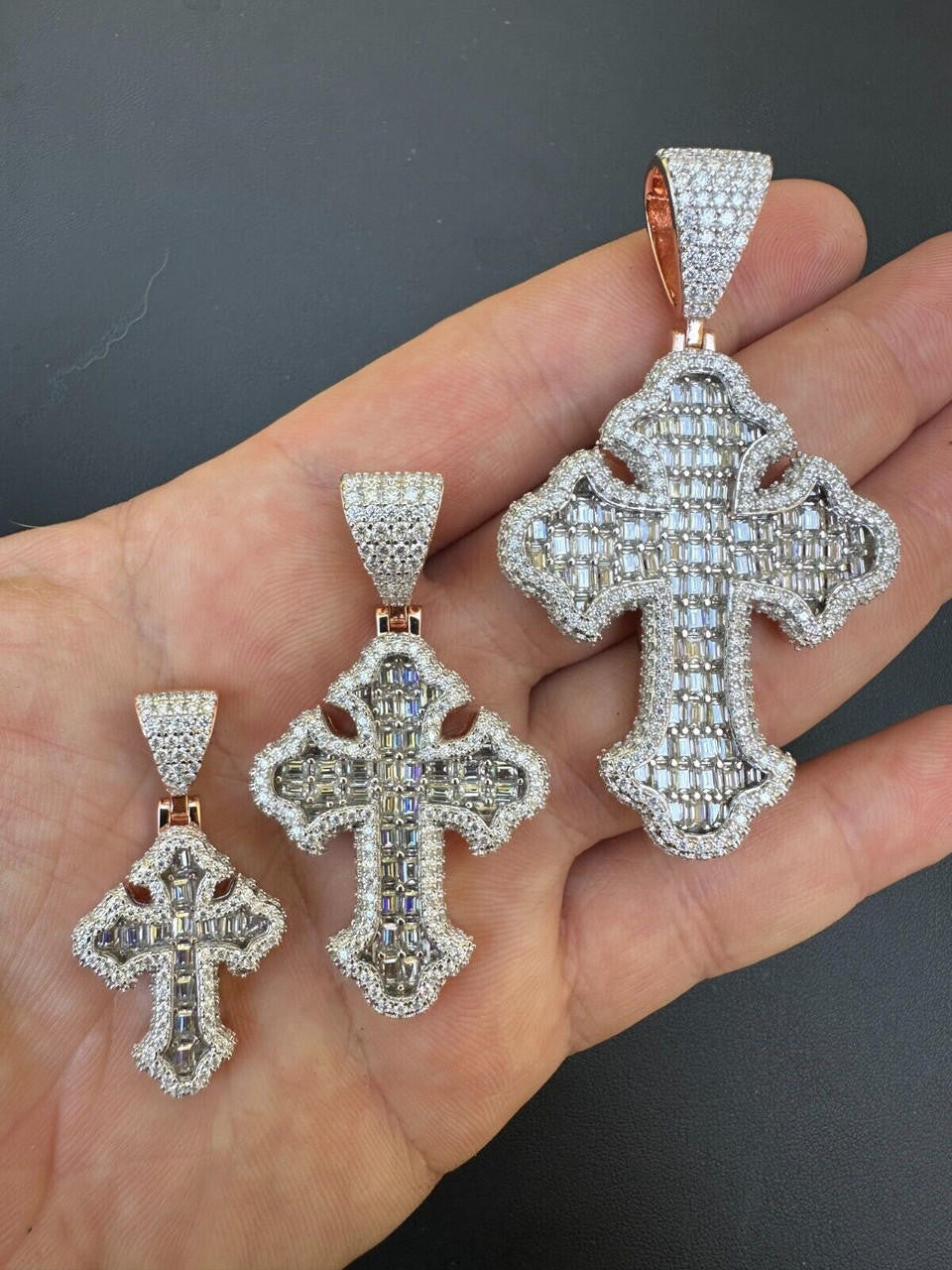 MOISSANITE Baguette Gothic Tupac Cross Pendant - 14k Rose Gold Vermeil 925 Silver - 3 Sizes 1.5"-2.75"