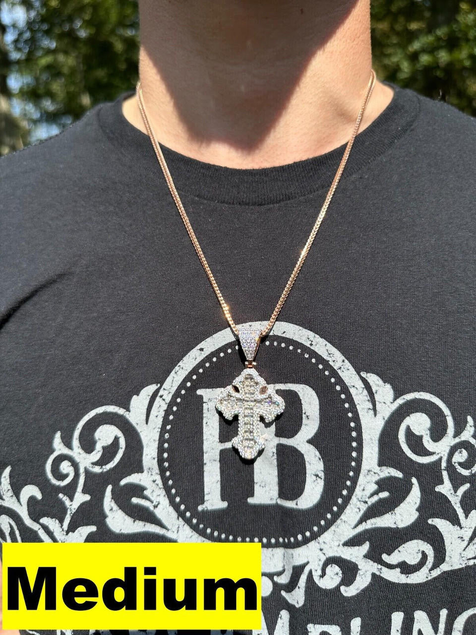 MOISSANITE Baguette Gothic Tupac Cross Pendant - 14k Rose Gold Vermeil 925 Silver - 3 Sizes 1.5"-2.75"