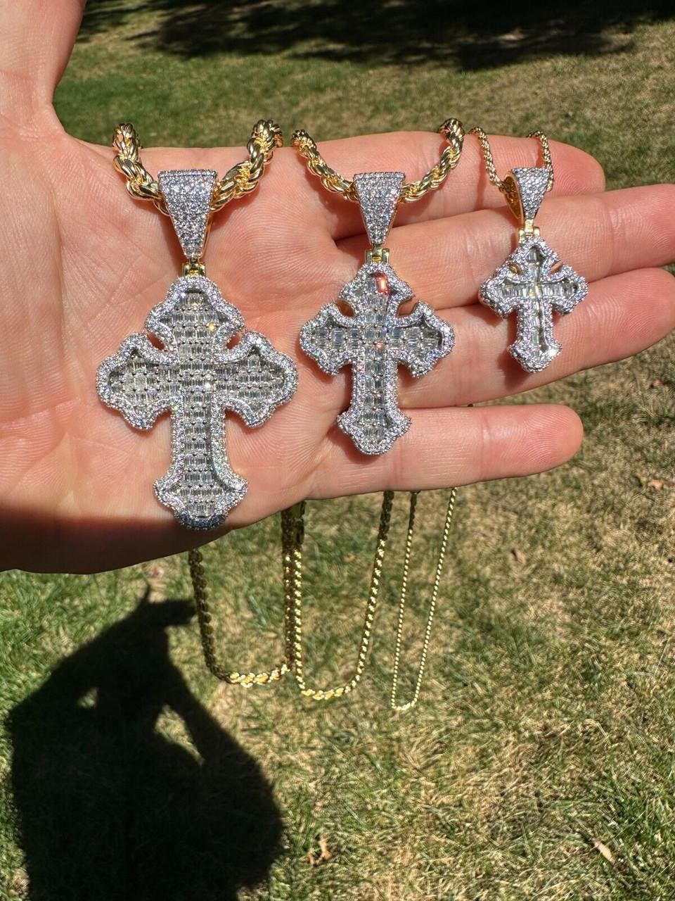 MOISSANITE Baguette Gothic Tupac Cross Pendant - 14k Gold Vermeil 925 Silver - 3 Sizes 1.5"-2.75"