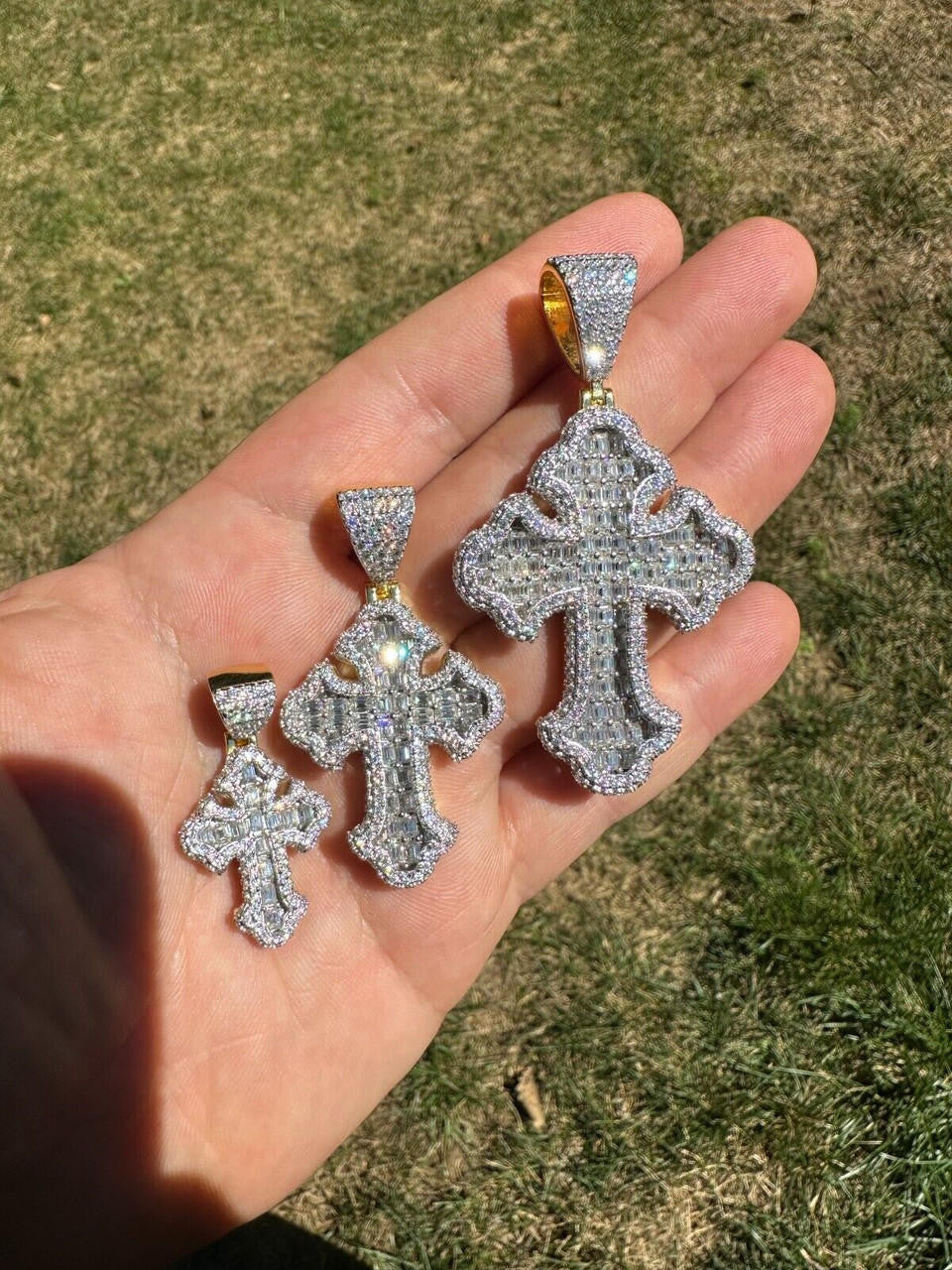 MOISSANITE Baguette Gothic Tupac Cross Pendant - 14k Gold Vermeil 925 Silver - 3 Sizes 1.5"-2.75"