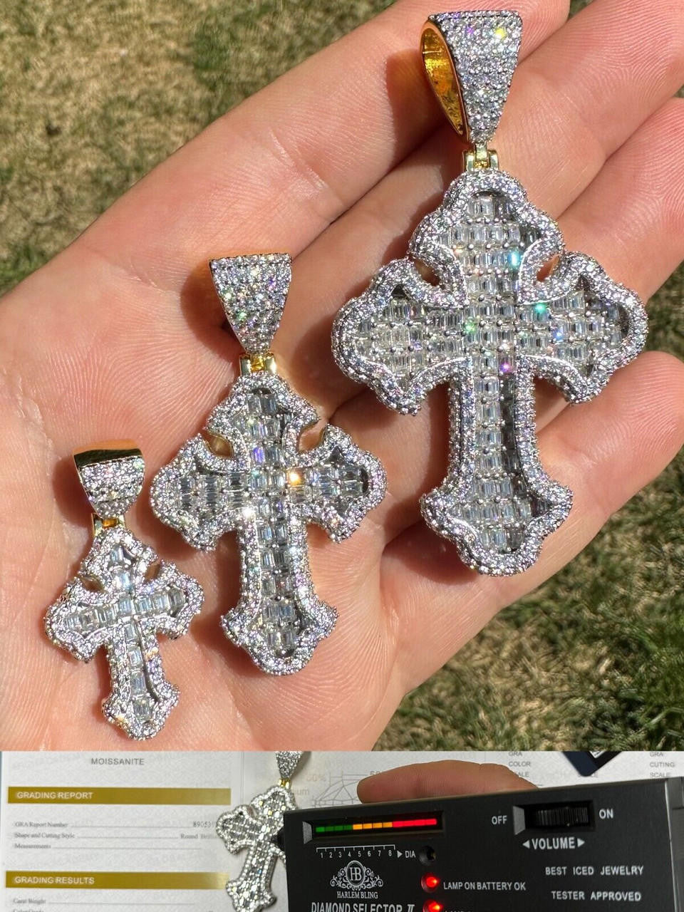 MOISSANITE Baguette Gothic Tupac Cross Pendant - 14k Gold Vermeil 925 Silver - 3 Sizes 1.5"-2.75"