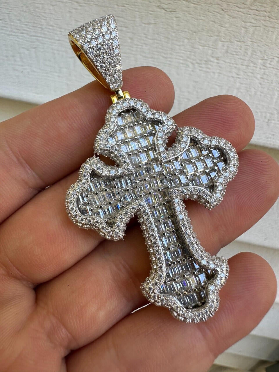 MOISSANITE Baguette Gothic Tupac Cross Pendant - 14k Gold Vermeil 925 Silver - 3 Sizes 1.5"-2.75"
