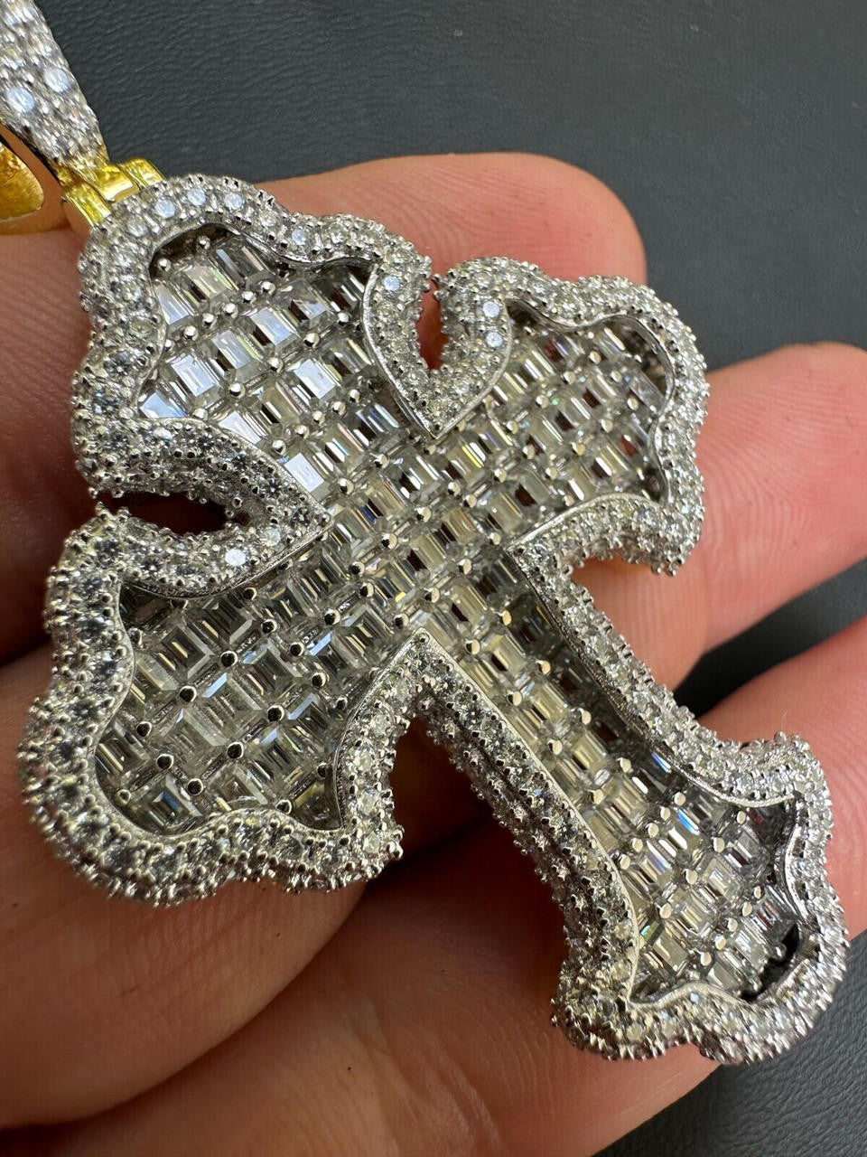 MOISSANITE Baguette Gothic Tupac Cross Pendant - 14k Gold Vermeil 925 Silver - 3 Sizes 1.5"-2.75"