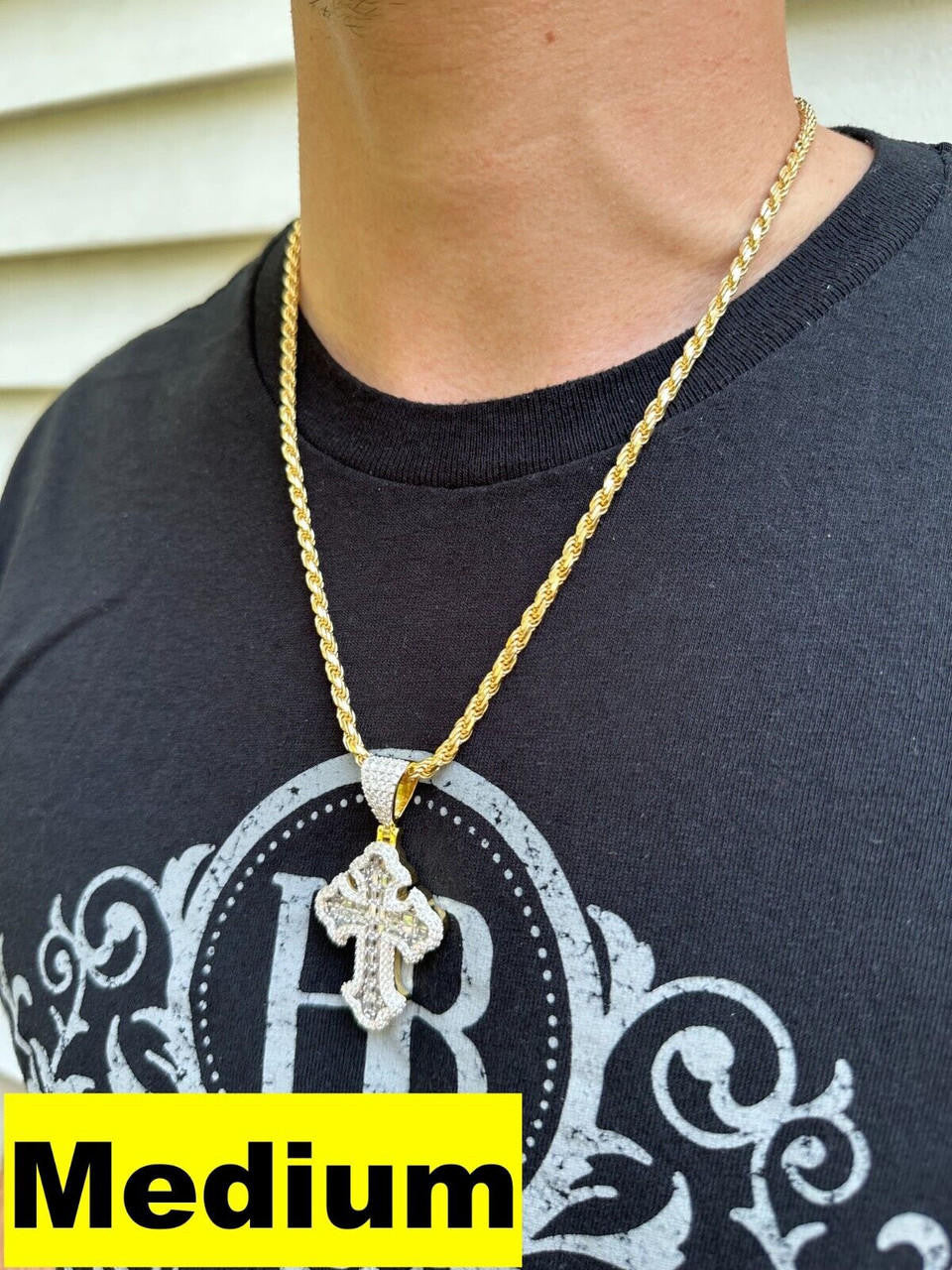 MOISSANITE Baguette Gothic Tupac Cross Pendant - 14k Gold Vermeil 925 Silver - 3 Sizes 1.5"-2.75"