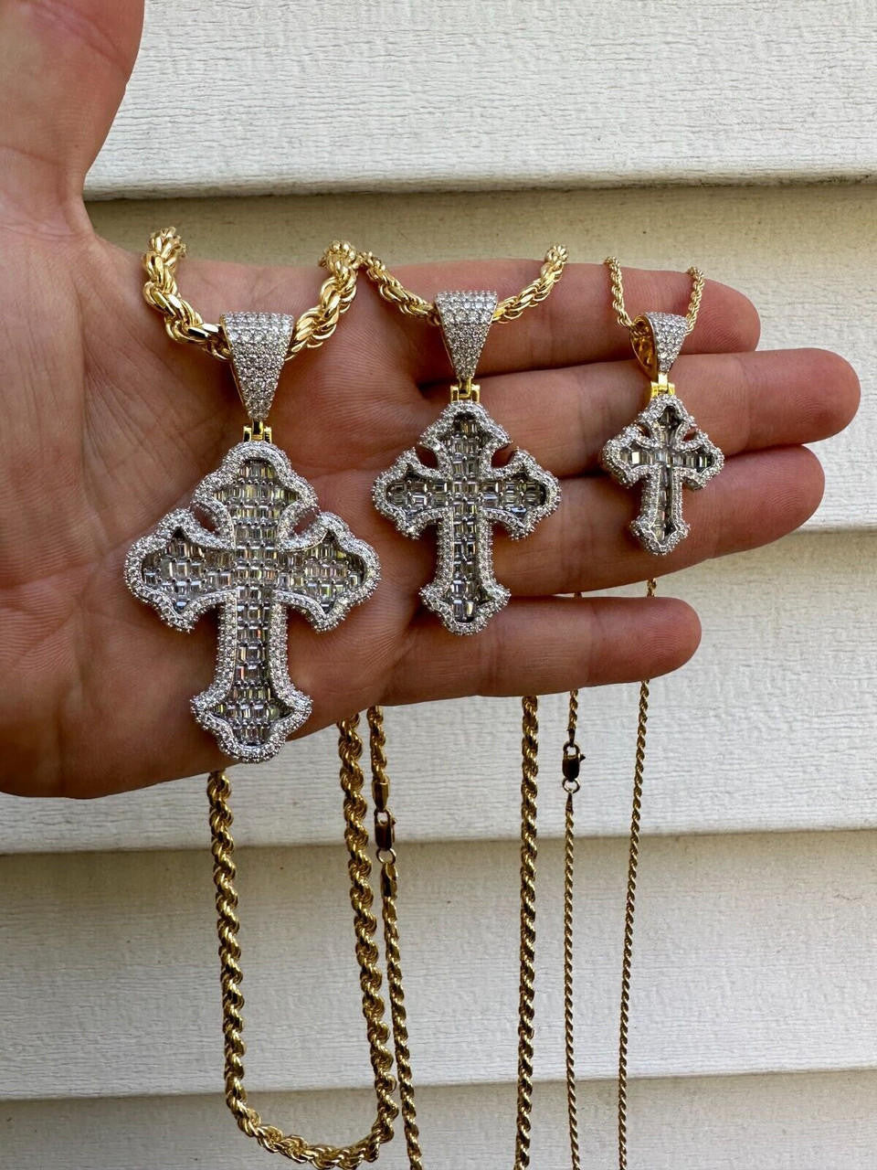 MOISSANITE Baguette Gothic Tupac Cross Pendant - 14k Gold Vermeil 925 Silver - 3 Sizes 1.5"-2.75"