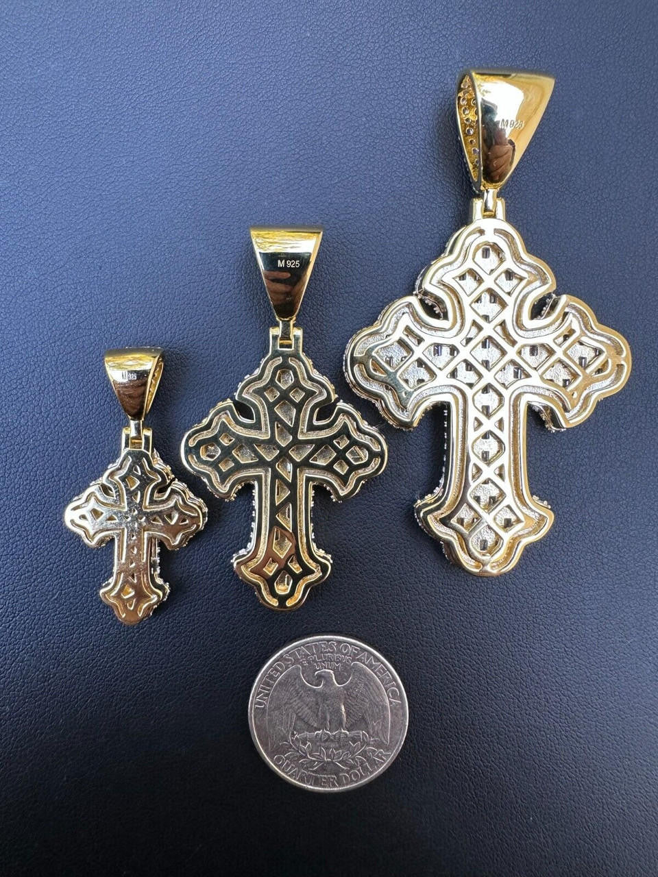 MOISSANITE Baguette Gothic Tupac Cross Pendant - 14k Gold Vermeil 925 Silver - 3 Sizes 1.5"-2.75"
