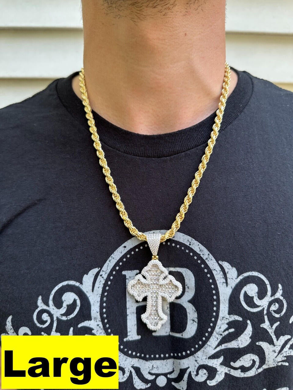 MOISSANITE Baguette Gothic Tupac Cross Pendant - 14k Gold Vermeil 925 Silver - 3 Sizes 1.5"-2.75"
