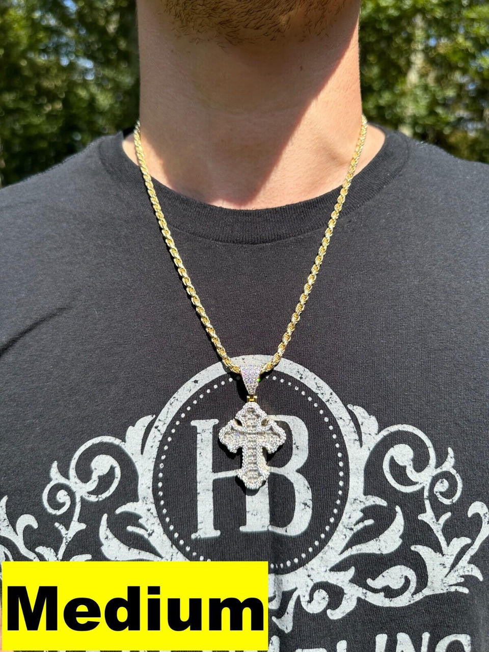 MOISSANITE Baguette Gothic Tupac Cross Pendant - 14k Gold Vermeil 925 Silver - 3 Sizes 1.5"-2.75"