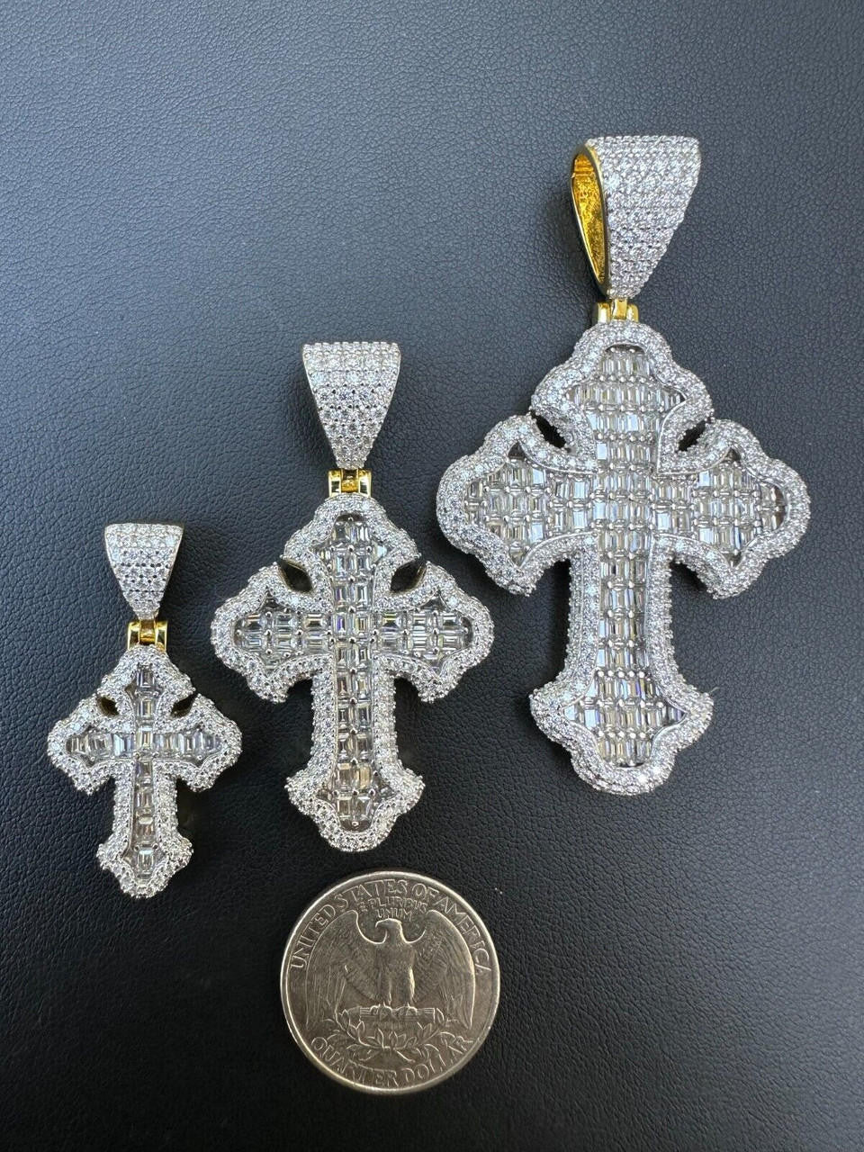 MOISSANITE Baguette Gothic Tupac Cross Pendant - 14k Gold Vermeil 925 Silver - 3 Sizes 1.5"-2.75"