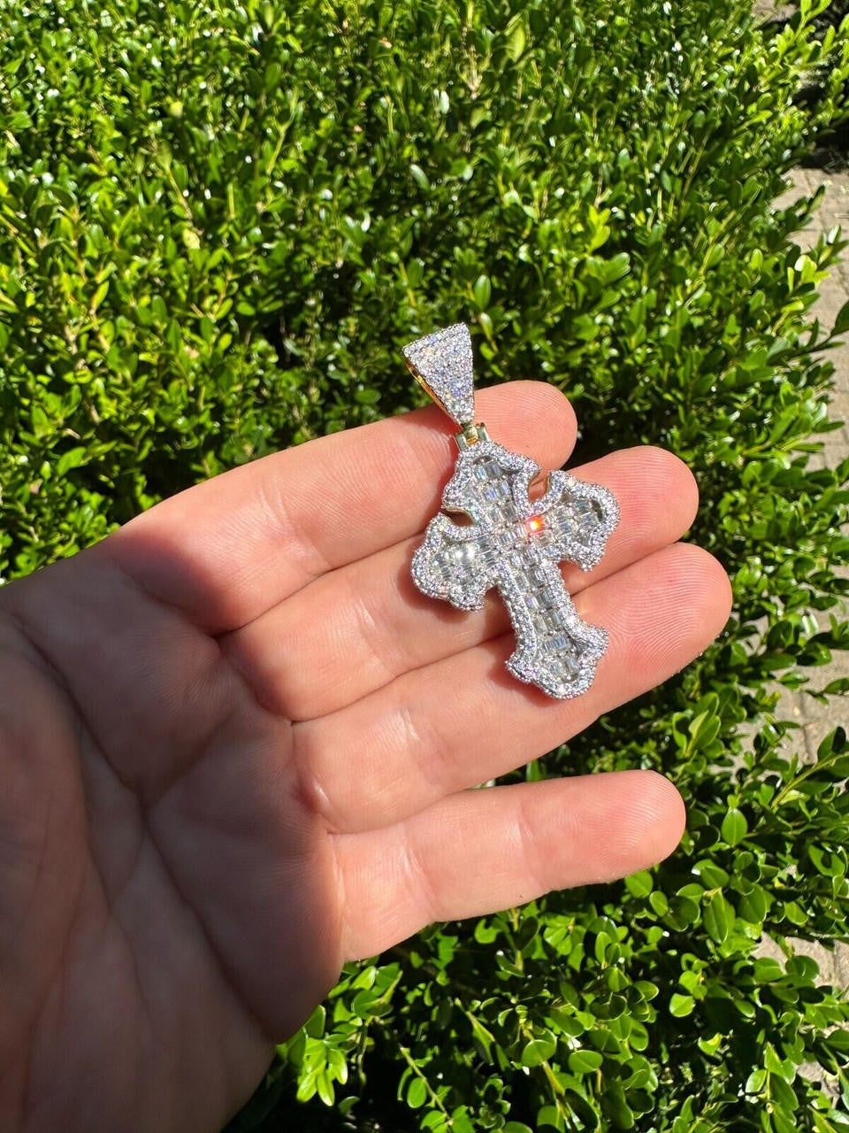 MOISSANITE Baguette Gothic Tupac Cross Pendant - 14k Gold Vermeil 925 Silver - 3 Sizes 1.5"-2.75"
