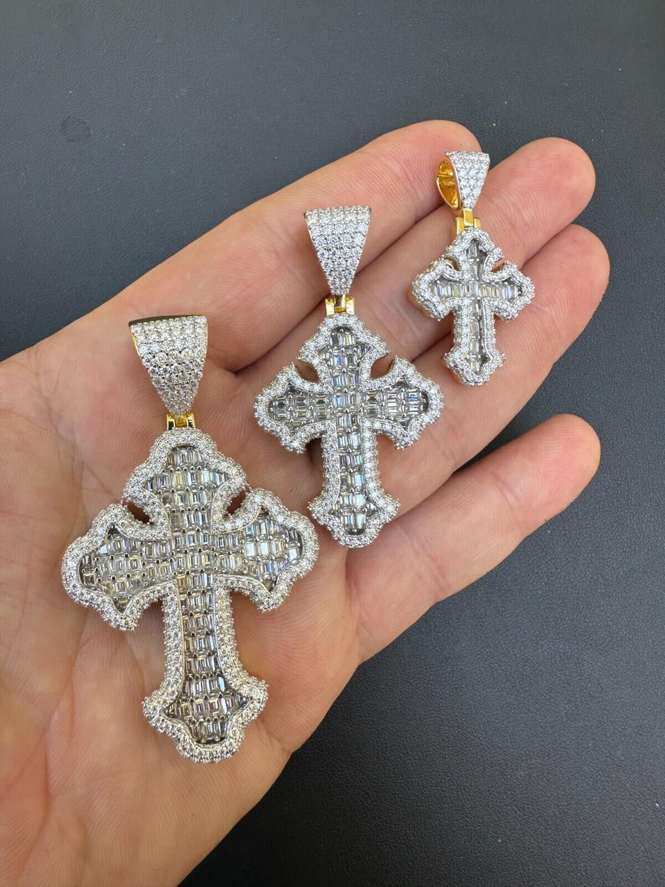 MOISSANITE Baguette Gothic Tupac Cross Pendant - 14k Gold Vermeil 925 Silver - 3 Sizes 1.5"-2.75"