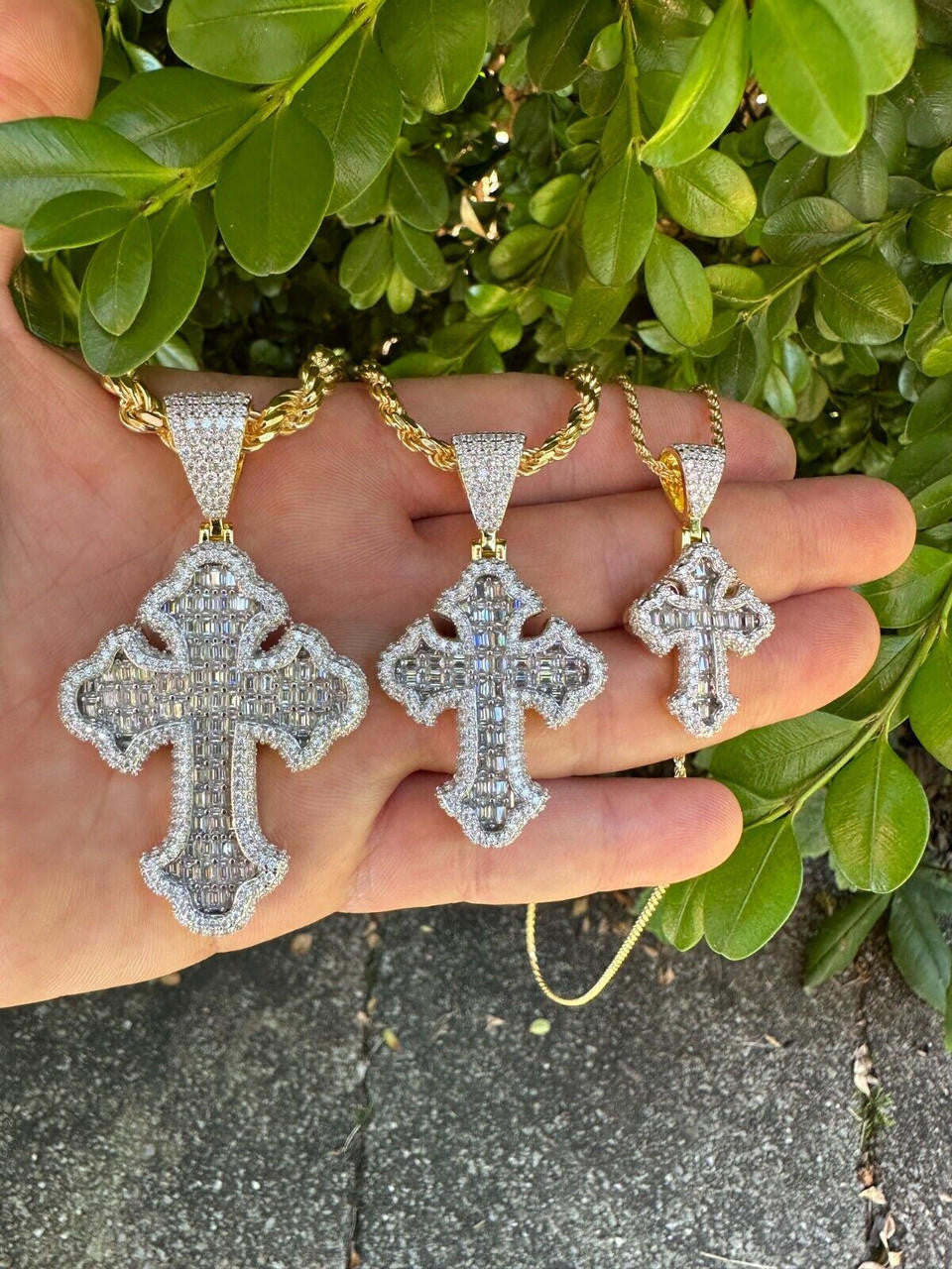 MOISSANITE Baguette Gothic Tupac Cross Pendant - 14k Gold Vermeil 925 Silver - 3 Sizes 1.5"-2.75"